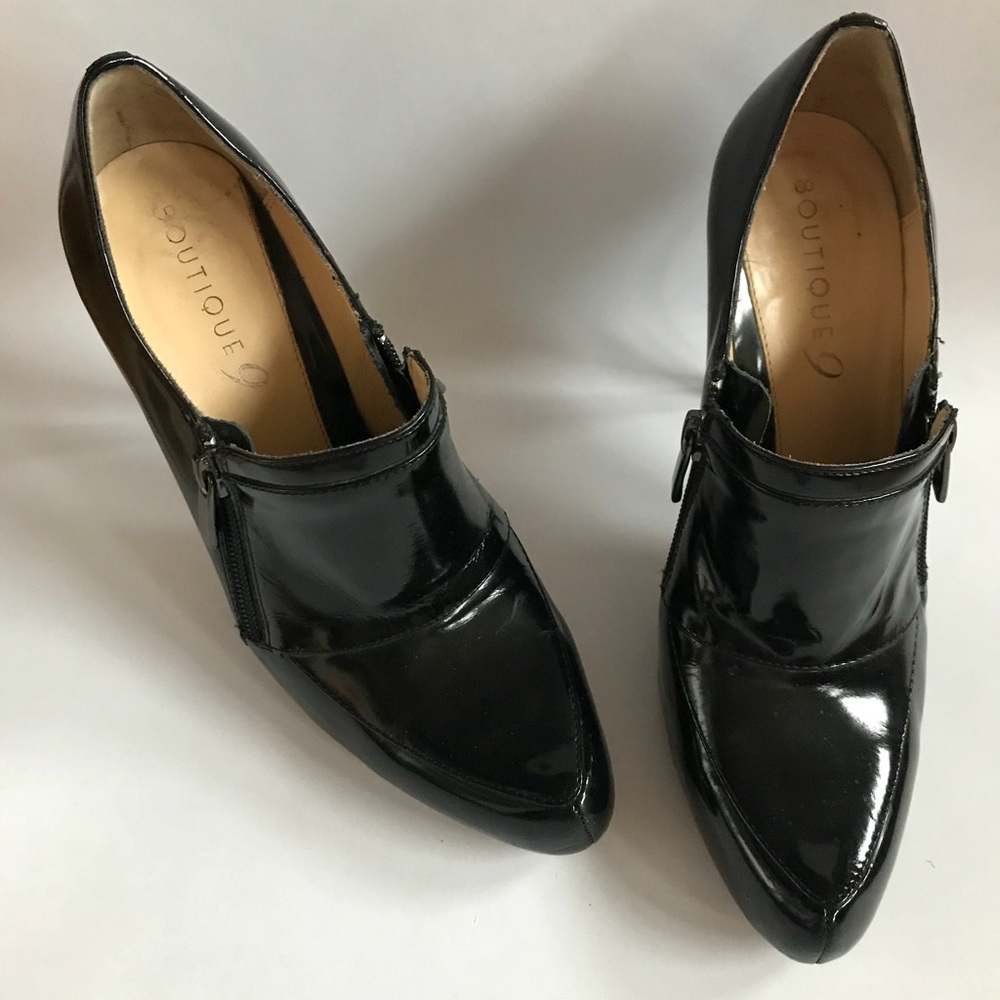 Black patent leather stiletto booties